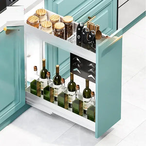 Pull-out spice cabinet drawer with modern kitchen organizer design and wood finish