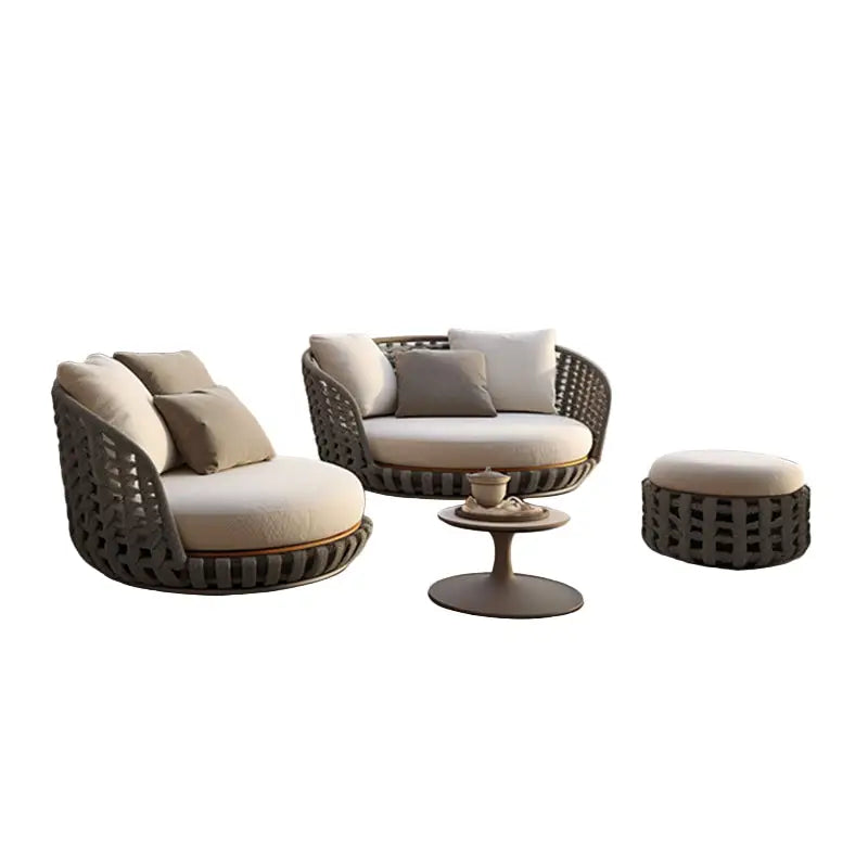 Rattan Round Modern Outdoor Sofa Set - Beige - Sofa