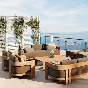 Solid teak deep seating outdoor sofa set with durable wood construction for spacious gardens