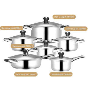 12 Piece Stainless Steel Cookware Pots Soup Pans Set - 12-piece set of wide-sided pot (five-layer double bottom)