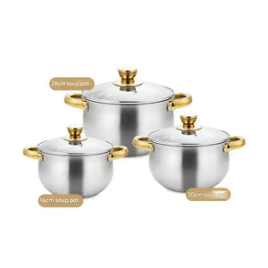 12 Piece Stainless Steel Cookware Pots Soup Pans Set - Six piece set of arc shaped pot (golden handle) - Cookware set