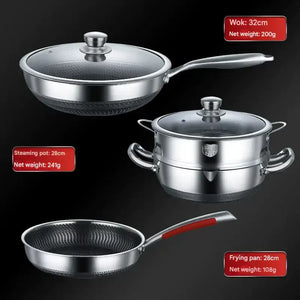 Stainless Steel Non Stick Frying Pan Cookware Pot Set - Wok + frying pan + soup steamer set of three - Cookware set