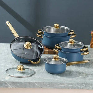 12 Piece Stainless Steel Glass Lid Non Stick Cookware Set - 12 pcs - Blue Silver - Cookware set