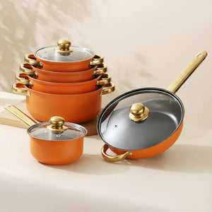 12 Piece Stainless Steel Glass Lid Non Stick Cookware Set - 12 pcs - Orange Silver - Cookware set