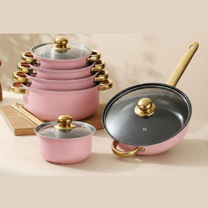 12 Piece Stainless Steel Glass Lid Non Stick Cookware Set - 12 pcs - Pink Silver - Cookware set