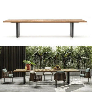 Teak outdoor dining set showing natural wood grain and weathered brown finish with modern minimalist design