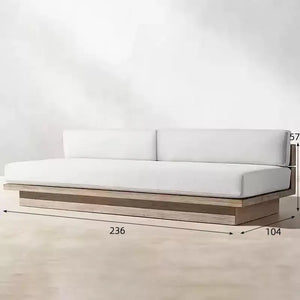 Teak outdoor sofa set showing waterproof cushion material and natural wood grain details