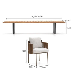 Teak wood grain detail of modern minimalist outdoor dining set showing natural durable material