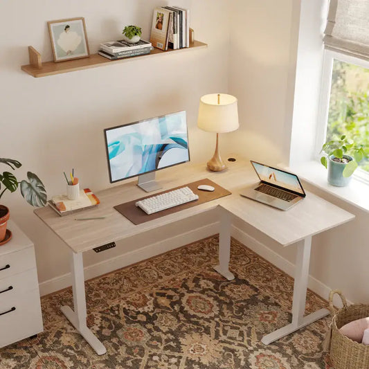 Triple Motor L-shaped Standing Desk - Light Walnut / 63’’ x 48’’ - Desk > Standing Desk > L Shaped Standing Desk