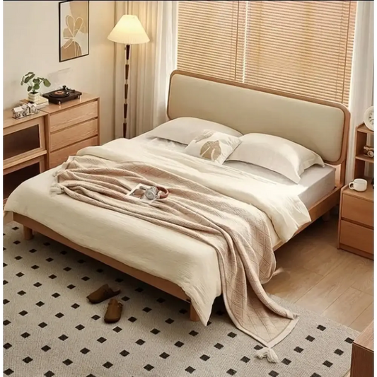 Wood Board Upholstered Backrest Bedside Table Bed Frame - Bed Frame + Bed Side Table + Mattress / 150 x 200 cm - Bedroom