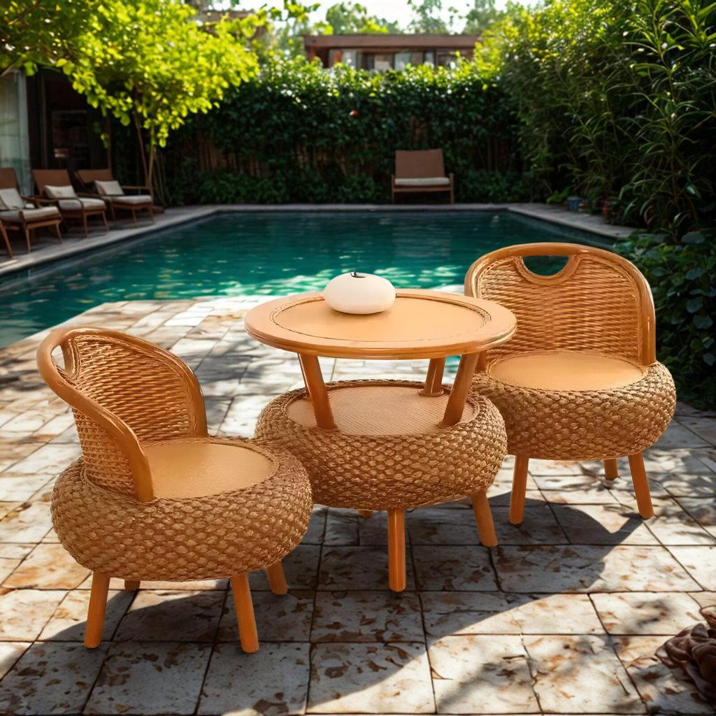 Bamboo Rattan 2-Person Outdoor Patio Set with Table