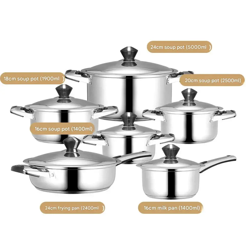 12 Piece Stainless Steel Cookware Pots Soup Pans Set - 12-piece set of wide-sided pot (five-layer double bottom)