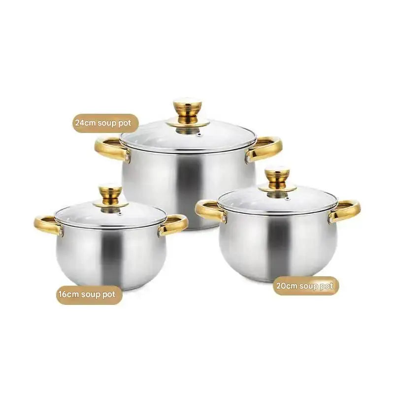 12 Piece Stainless Steel Cookware Pots Soup Pans Set - Six piece set of arc shaped pot (golden handle) - Cookware set