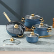 12 Piece Stainless Steel Glass Lid Non Stick Cookware Set - 12 pcs - Blue Silver - Cookware set