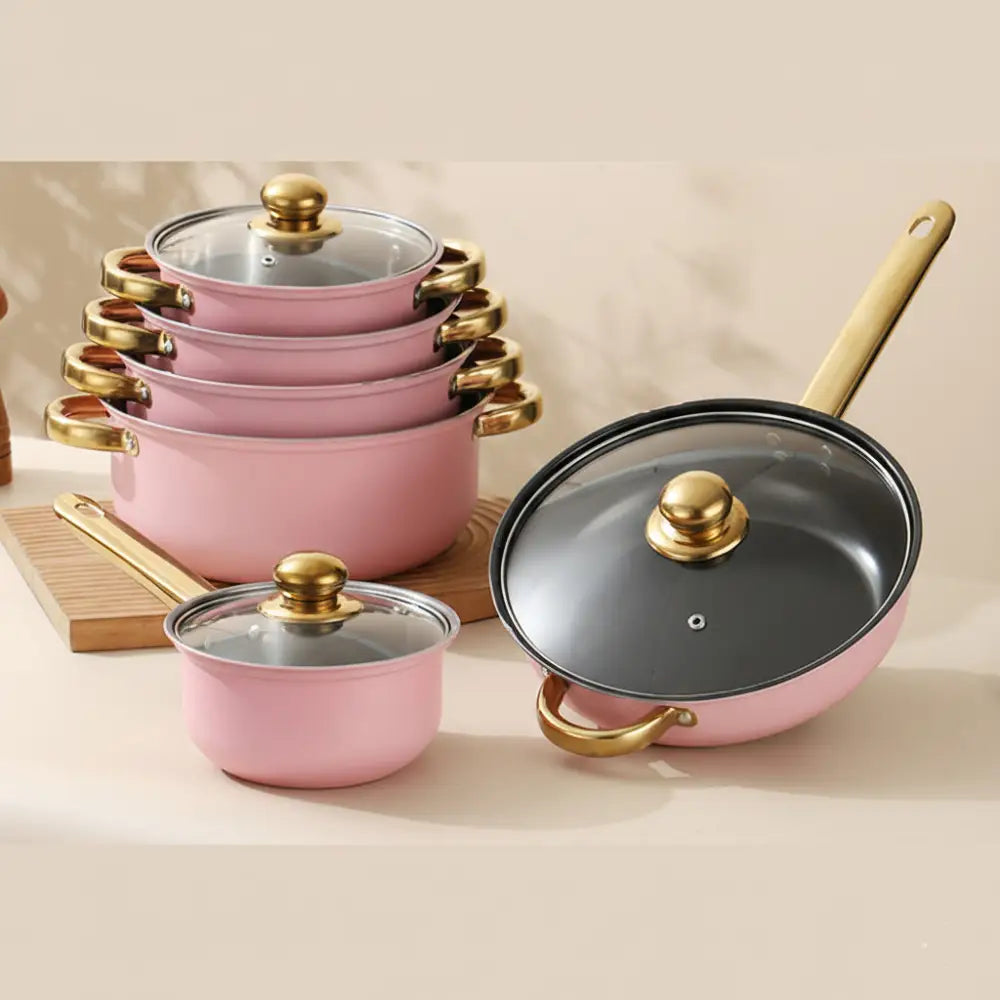 12 Piece Stainless Steel Glass Lid Non Stick Cookware Set - 12 pcs - Pink Silver - Cookware set