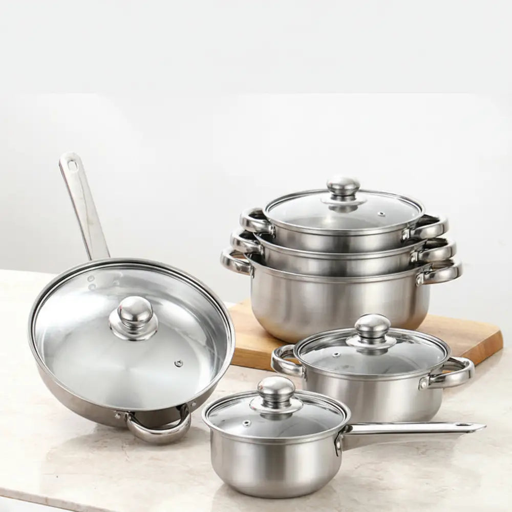 12 Piece Stainless Steel Glass Lid Non Stick Cookware Set - 12 pcs - Silver Silver - Cookware set