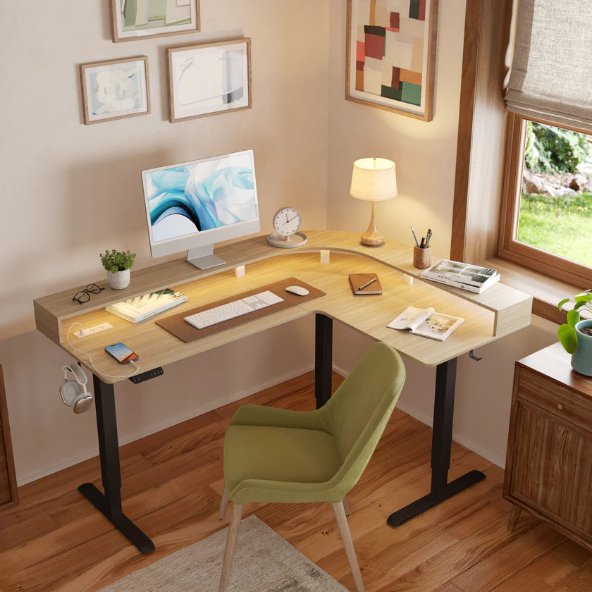 Triple Motor L-Shaped Standing Desk with Ambient Light & Outlets