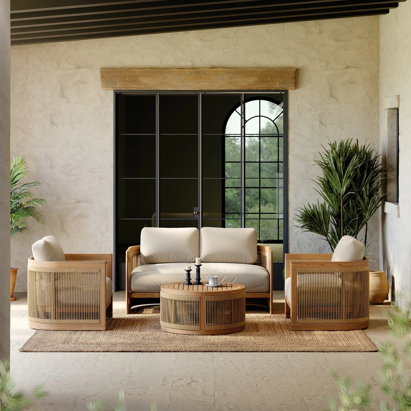 4 Pieces Teak Hand Woven Rope Outdoor Sofa Set