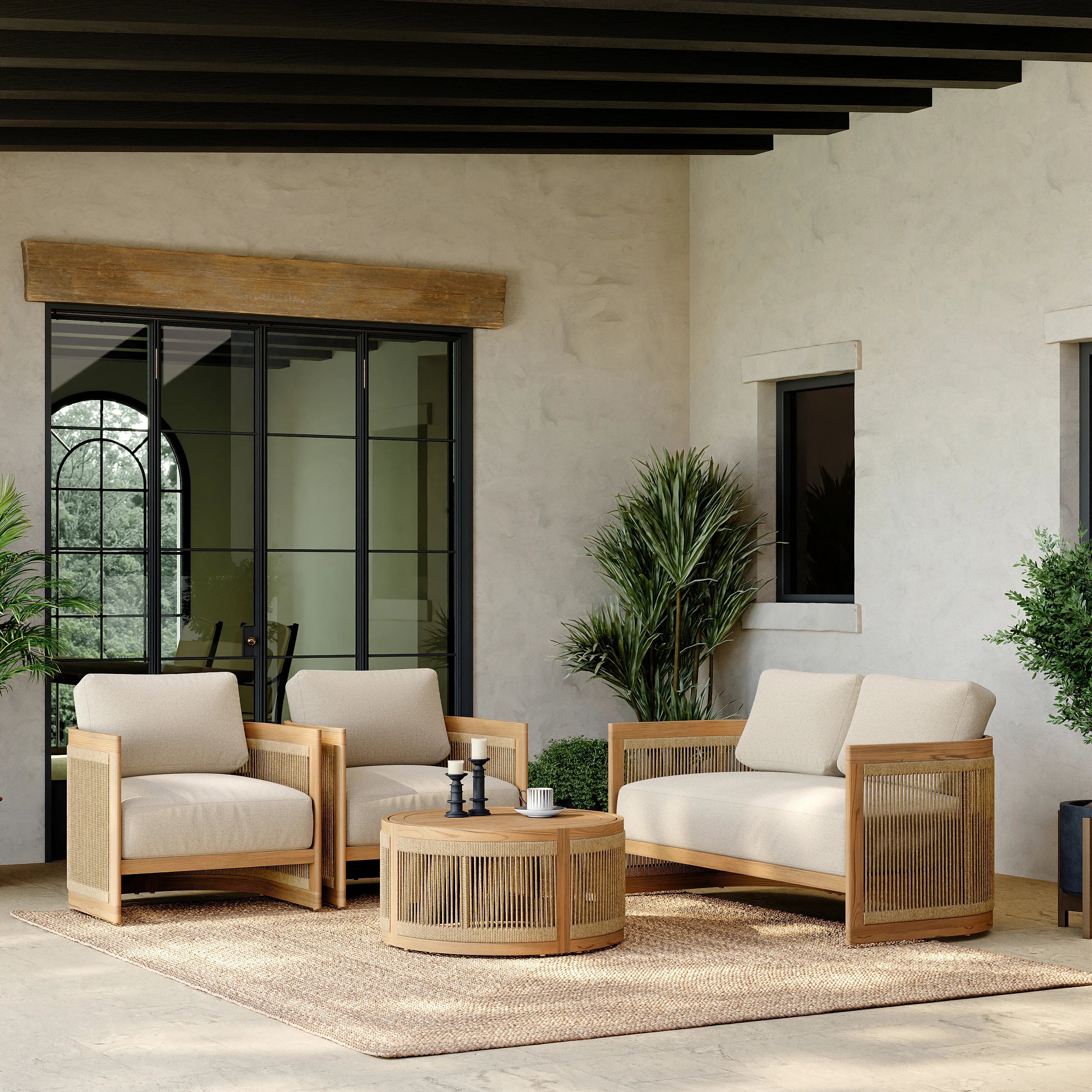 4 Pieces Teak Hand Woven Rope Outdoor Sofa Set