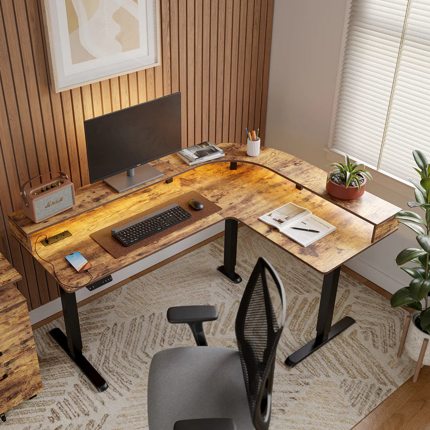 Triple Motor L-Shaped Standing Desk with Ambient Light & Outlets