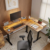 Triple Motor L-Shaped Standing Desk with Ambient Light & Outlets