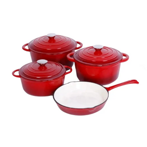 7 Piece Cast Iron Cookware Soup Pot Frying Pan Set - Red - Cookware set