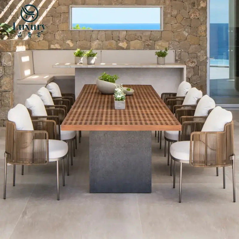 8 seat teak outdoor dining set with modern minimalist design in brown finish for garden patio