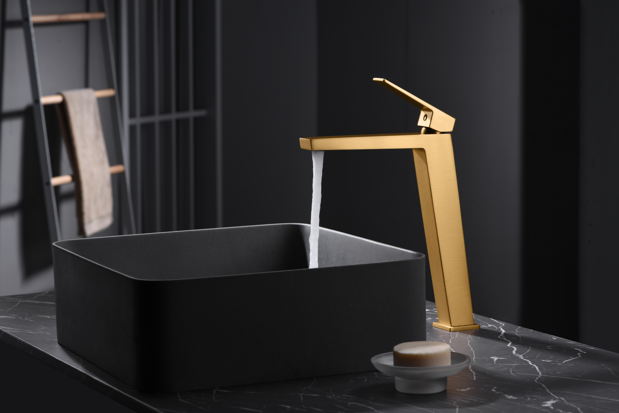 Tall Brushed Gold Basin Mixer Faucet Single Lever, in a bathroom setting