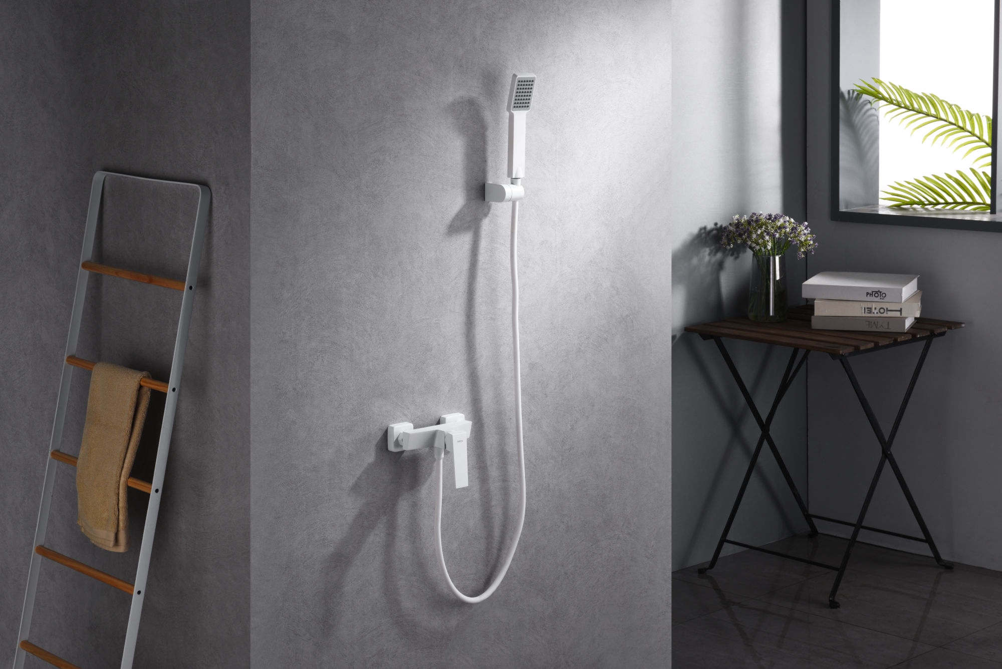Matte White Single-Lever Shower Kit Modern Design, in a bathroom setting