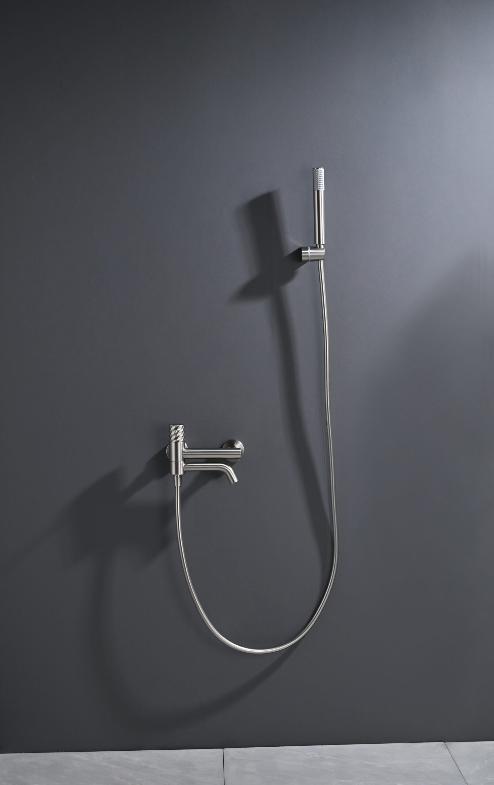 Bless Brushed Nickel Single Lever Bath and Shower Kit, in a bathroom setting