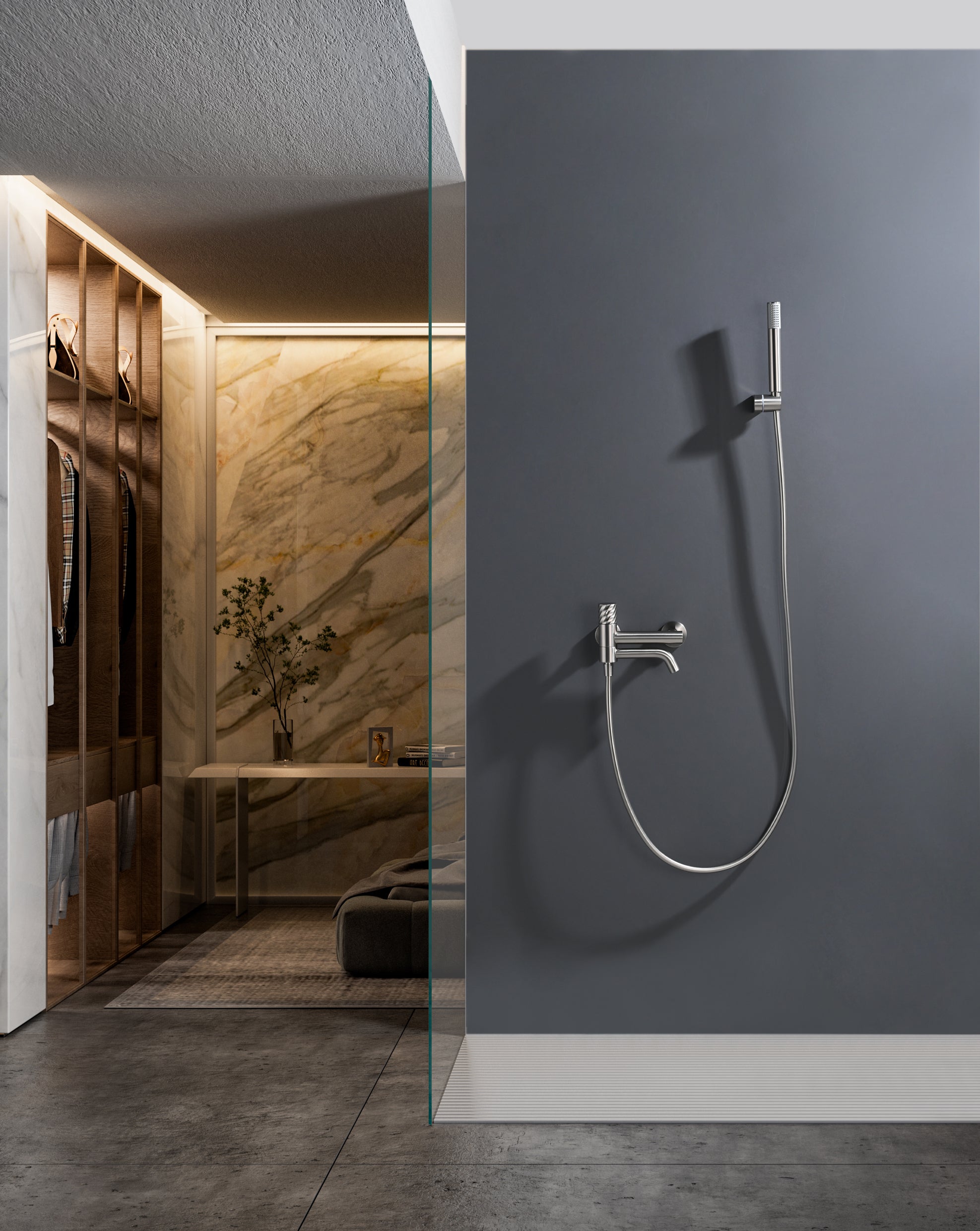 Bless Brushed Nickel Single Lever Bath and Shower Kit, in a bathroom setting