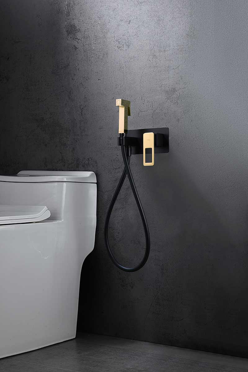 Matte Black and Gold Bidet Mixer Faucet Built-in, in a bathroom setting