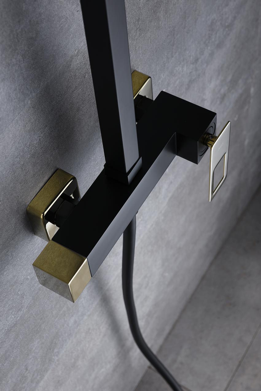 Matte Black Single Handle Shower Set with Gold Accents, detail view