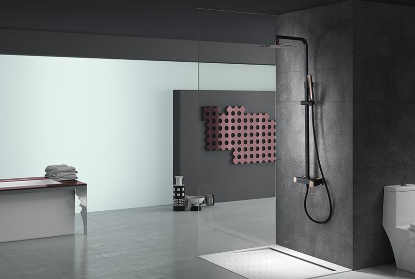 Black Rose Gold Single Handle Shower Set Modern Design, in a bathroom setting