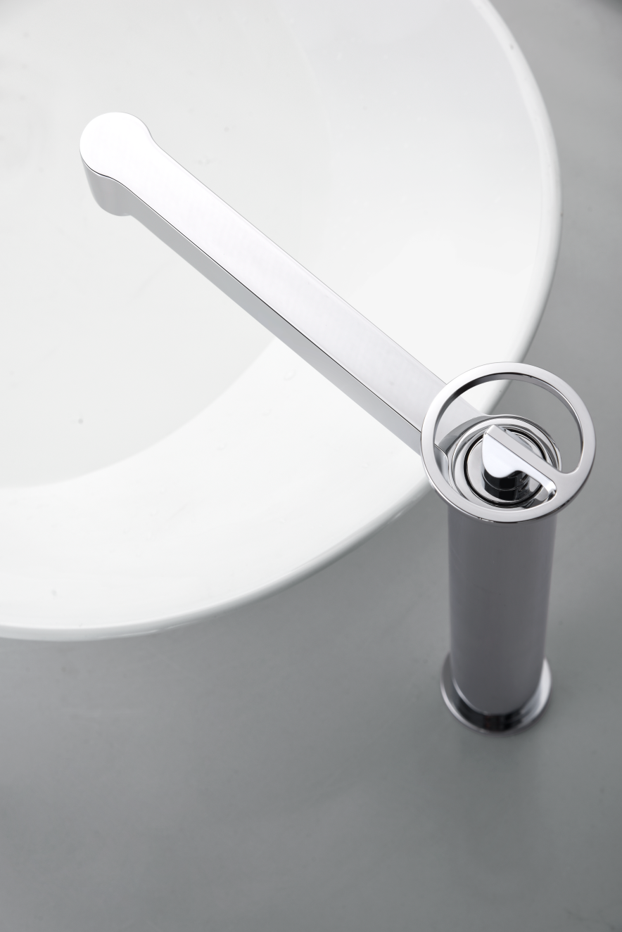 Olimpo Tall Chrome Basin Mixer Single Lever Faucet, in a bathroom setting