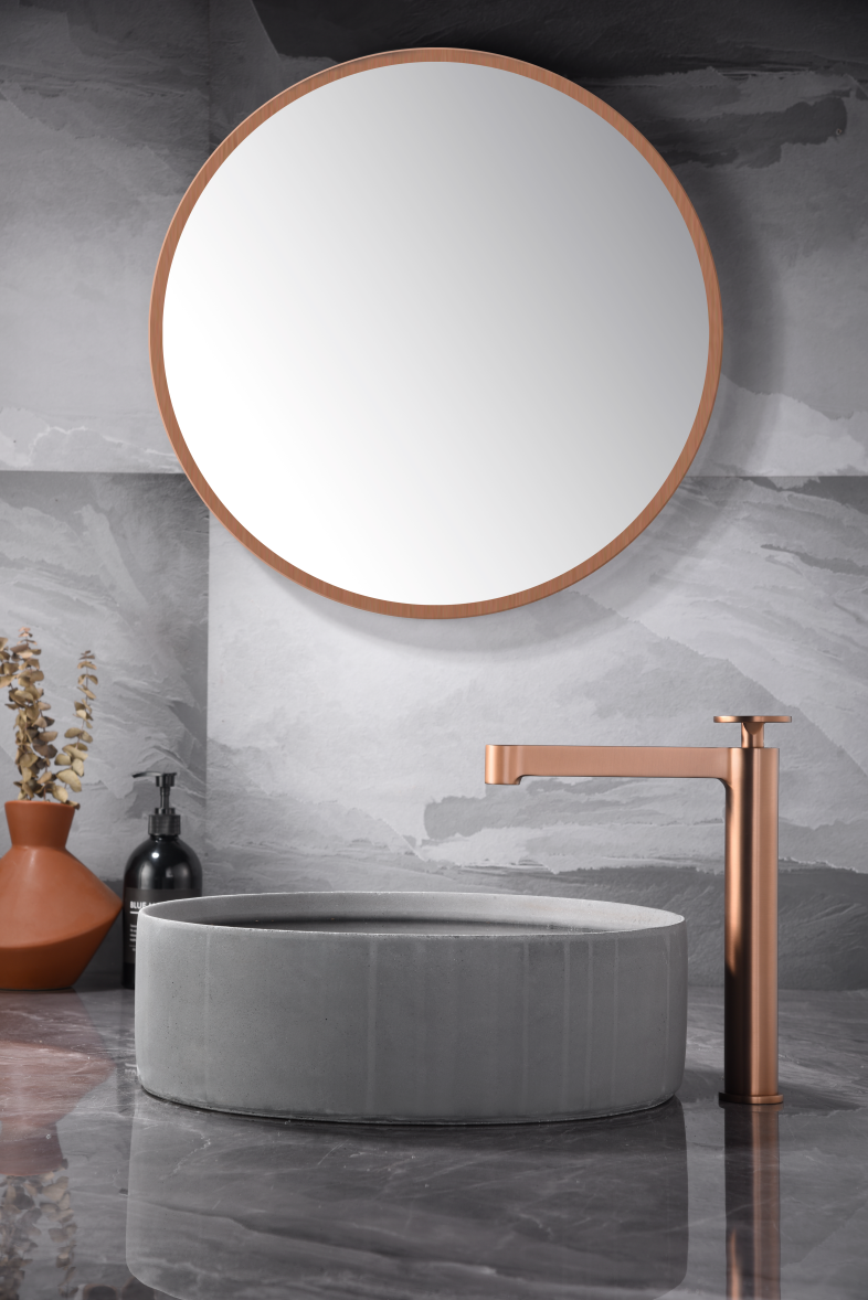 Olimpo Brushed Rose Gold Basin Faucet Single Lever, in a bathroom setting