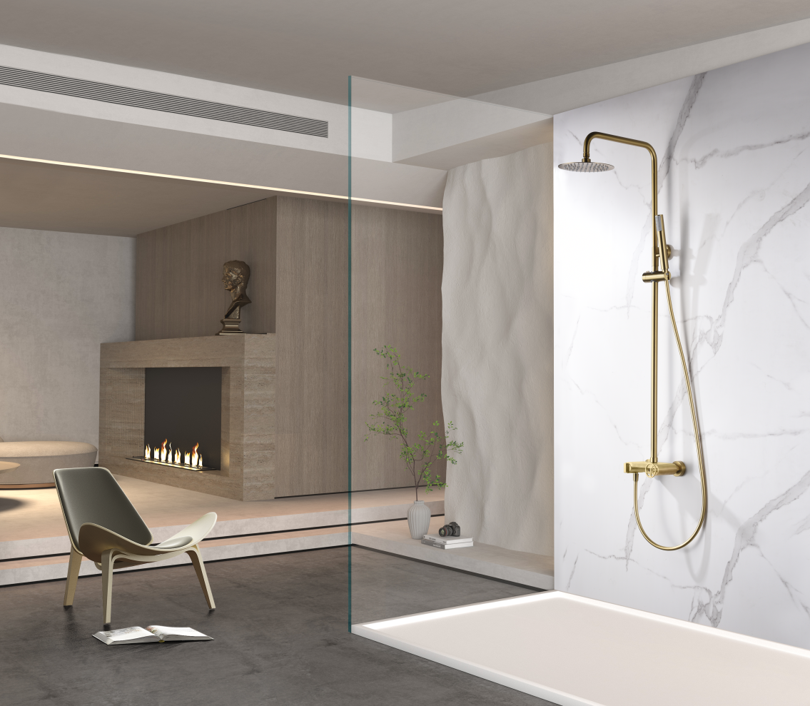 Brushed Gold Single Handle Shower Set Modern Bathroom, in a bathroom setting