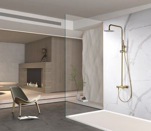 Brushed Gold Single Handle Shower Set Modern Bathroom, in a bathroom setting