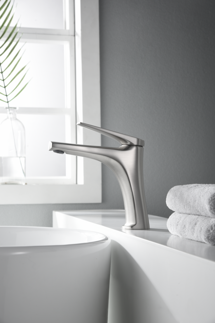 Delos Single-Lever Basin Mixer Stainless Steel Faucet, in a bathroom setting