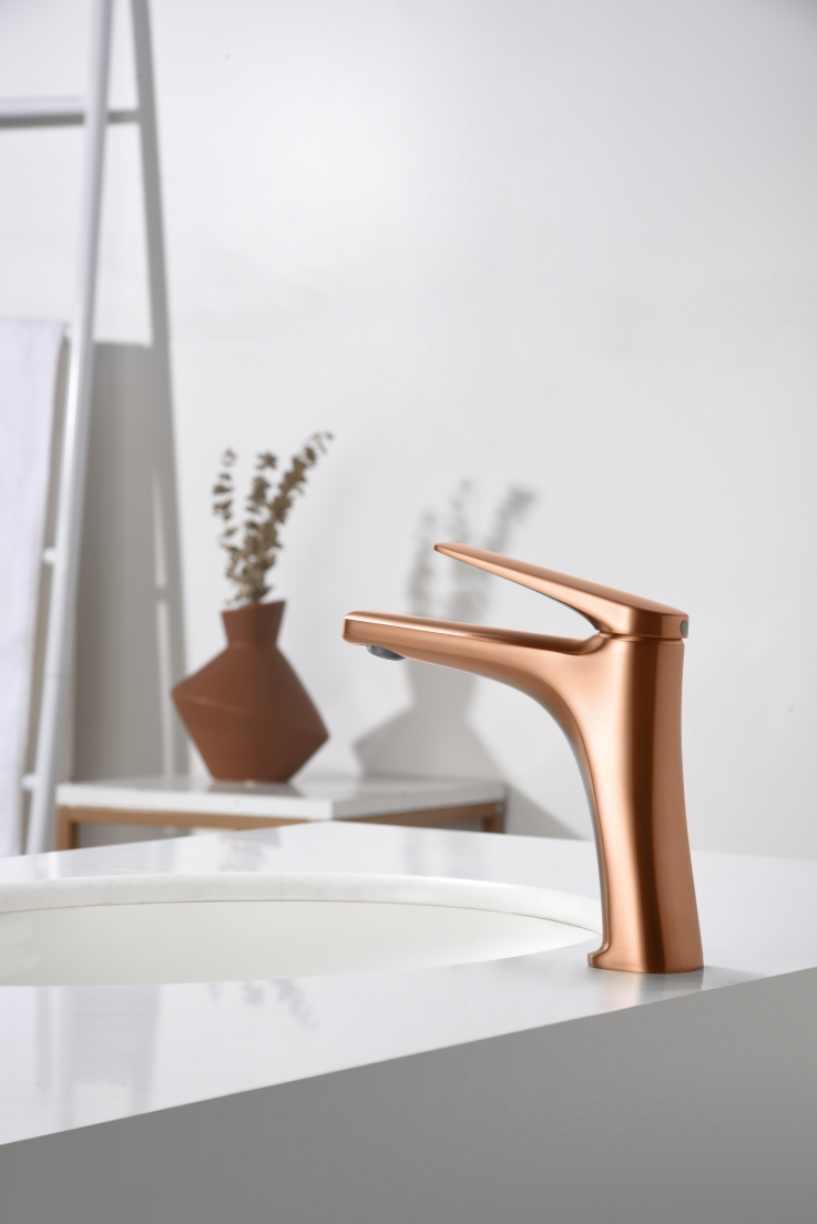 Delos Brushed Rose Gold Single Lever Basin Faucet, in a bathroom setting