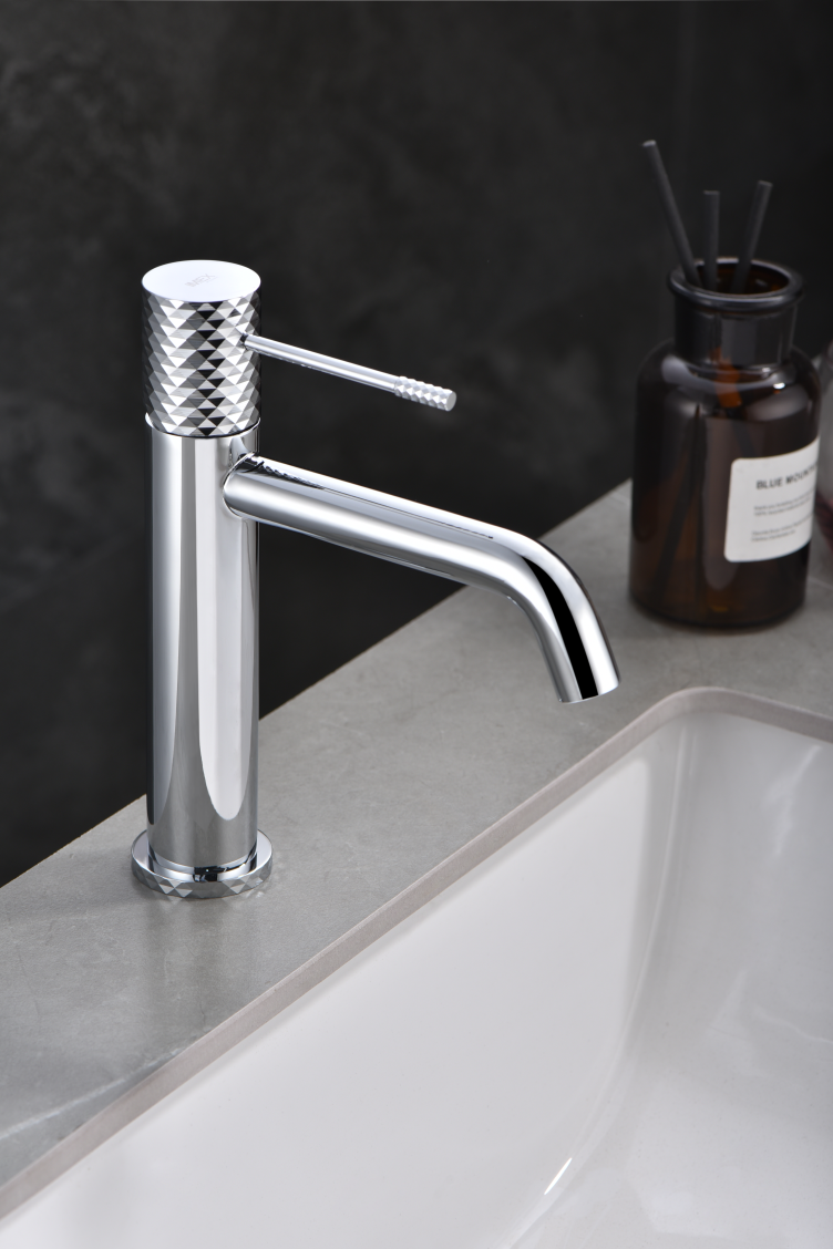 Genova Chrome Single Handle Bathroom Sink Faucet, in a bathroom setting