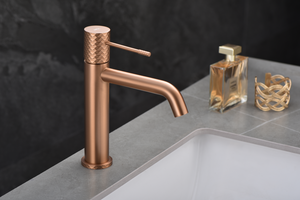 Genova Brushed Rose Gold Basin Faucet Single Lever, in a bathroom setting