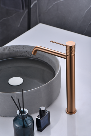 Genoa Tall Basin Mixer Brushed Rose Gold Faucet, in a bathroom setting