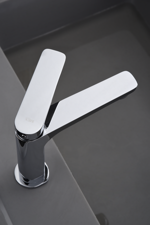 Napoles Chrome Single Handle Bathroom Sink Faucet, in a bathroom setting