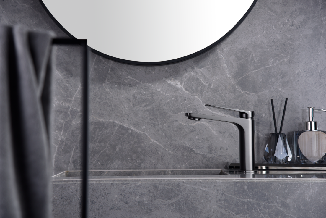 Black Gun Metal Single Lever Bathroom Sink Faucet, in a bathroom setting