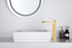 Pisa Brushed Gold Tall Basin Faucet, in a bathroom setting