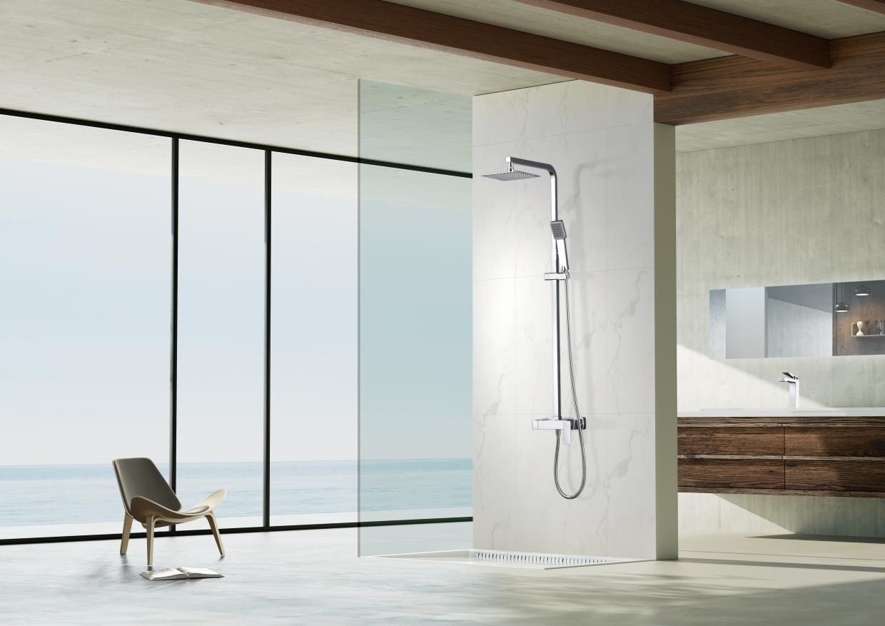 Chrome Single Handle Shower Set Modern Minimalist Design, in a bathroom setting