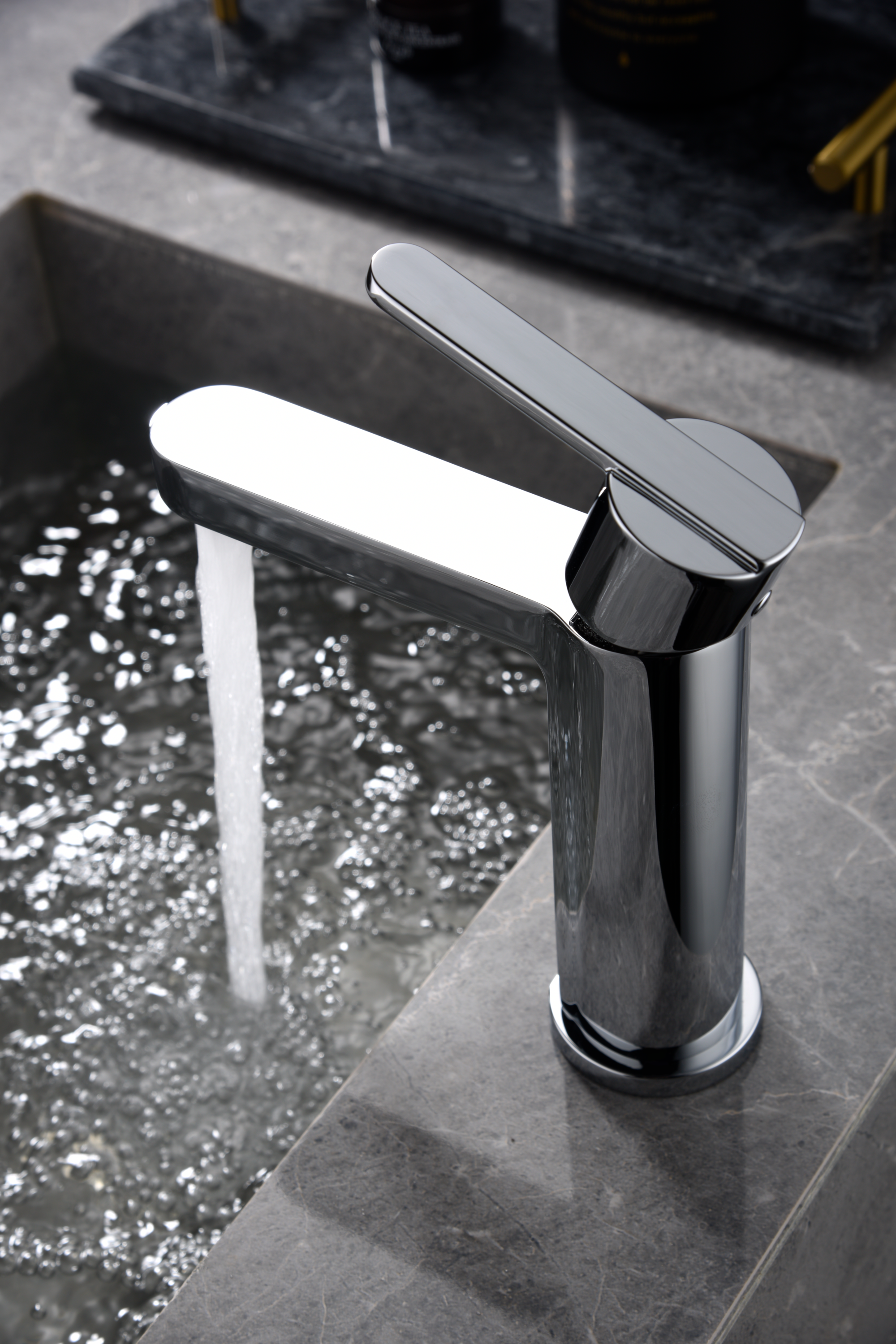 Roma Chrome Single Lever Sink Faucet Modern Design, in a bathroom setting