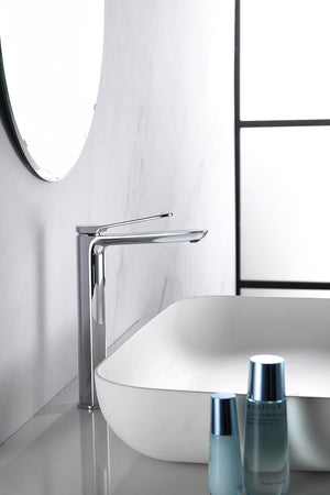 Chrome Tall Sink Faucet Single Lever Modern Design, in a bathroom setting