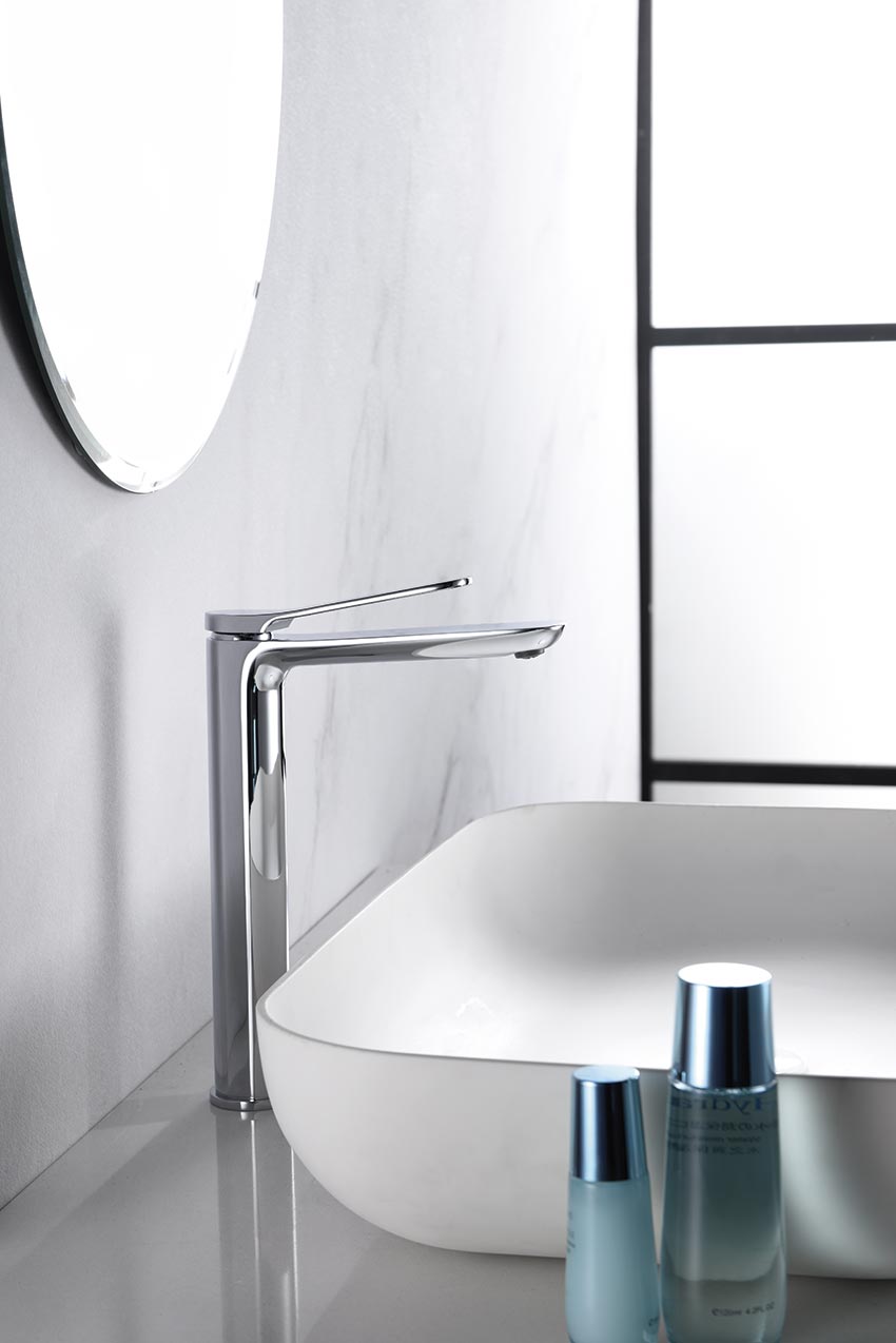 Chrome Tall Sink Faucet Single Lever Modern Design, in a bathroom setting